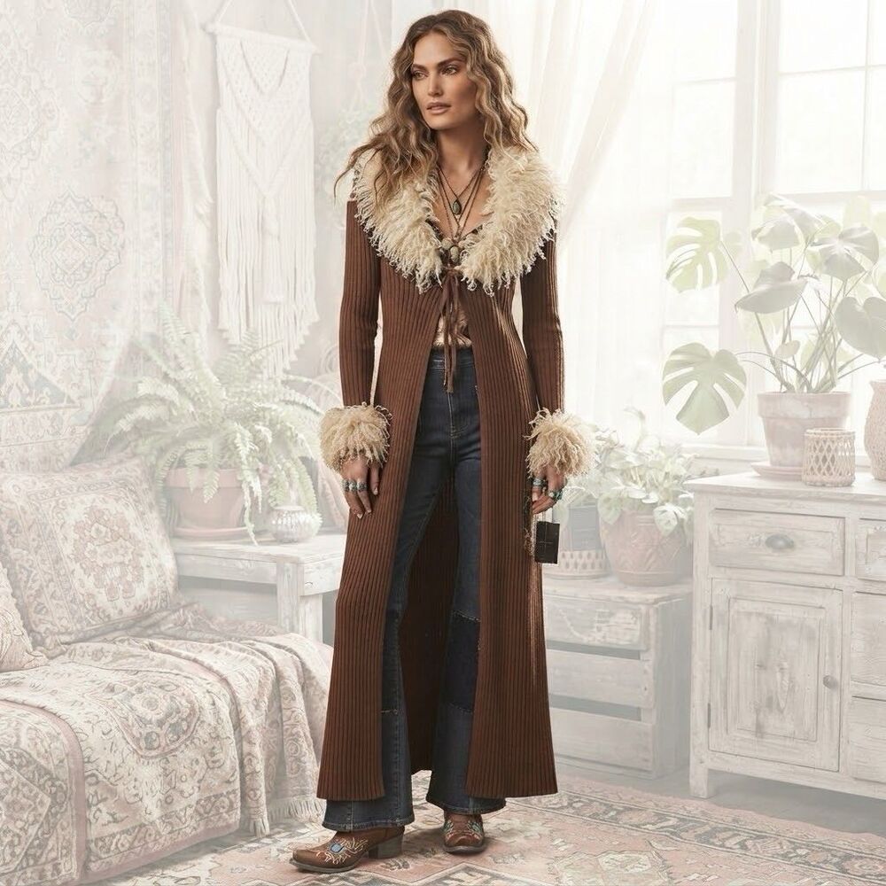 Haute Hippie Faux Fur Trim Ribbed Long Cardigan XS Brown Duster Penny Lane 70s